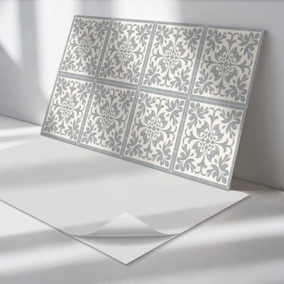 Wallfluent Vinyl Wandpaneel - Plantenpatroon op tegels Zelfklevende Wandbekleding - 100 cm x 50 cm - Grijs Vinyl Wandpaneel - 1 stuk - Rechthoekig Wandbekleding Vinyl - Texturen Wandpaneel - Wandpaneel PVC - Wandpaneel Keuken en Badkamer