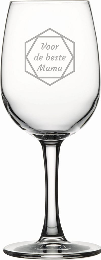 Gegraveerde witte wijnglas 26cl voor de beste Mama in hexagon