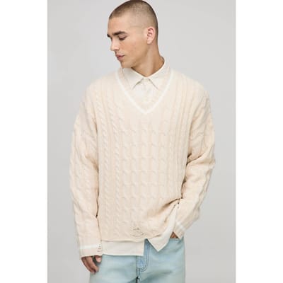 Boxy V Neck Cable Distressed Cricket Knitted Jumper | Ecru | Size XS
