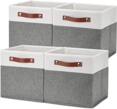 Famanu – Kubus opbergbakken - 4 stuks opbergkubussen - 11 x 11 cm - stoffen opbergbakken - opvouwbare opbergmanden met handgrepen - inklapbare opbergmand voor plank (wit en grijs - 11 x 11 x 11 x 11)