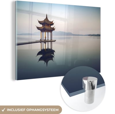 ® Glasschilderij 180x120 cm - Schilderij acrylglas - Het paviljoen in het meer van Hangzhou - Foto op glas - Muurdecoratie woonkamer - Wanddecoratie slaapkamer - Schilderijen