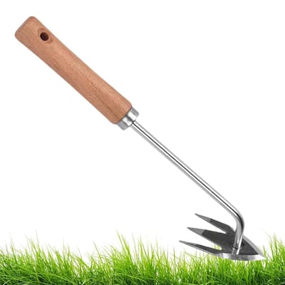 Handmatig onkruidgereedschap - Onkruidsteker tuin - Onkruid verwijderen - Drie robuuste tanden - 34 cm - Houten handvat