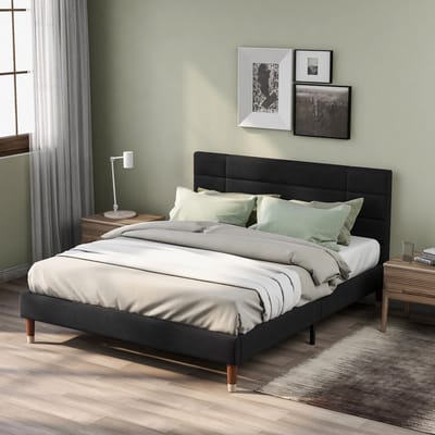 Tweepersoonsbed met gestoffeerd frame en gestreept hoofdeinde – 140 x 200 cm – gestoffeerd frame met hoofdeinde – zwart linnen – geschikt voor volwassenen en tieners (met boxspring)