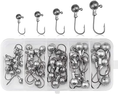Dailygoods - 45 Stuks Fishing Offset-Haken Set,Vishaken Assortiment Lood-kop-Vishaak Set Met Verschillende Maten Jighaken met Ronde Jighead 2g 3.5g 5g 7g 10g