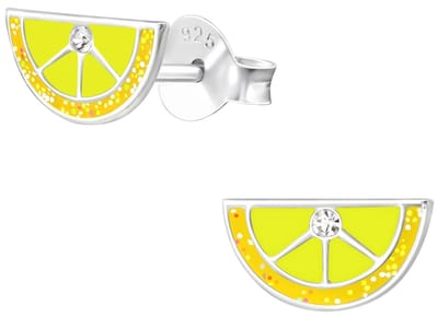 Joy|S - Zilveren citroen oorbellen - lime oorknoppen - 8 x 4 - geel met glittertjes - limoen