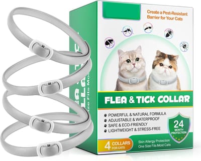 MONTKIARA Vlooien- & Tekenhalsband voor Katten – Set van 4 – Tot 24 Maanden Bescherming – Waterdicht, Verstelbaar & Comfortabel