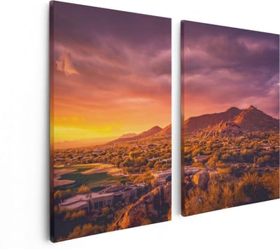 Artaza Canvas Schilderij Tweeluik Woestijn Landschap Met Zonsondergang  - 80x60 - Foto Op Canvas - Canvas Print