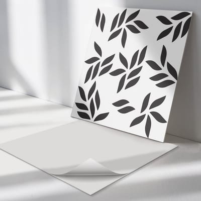 Wallfluent Vinyl Tegels - Bladpatroon Achtergrond Vinyl Wandtegels - 30 cm x 30 cm - Zwart PVC Tegels - Set van 9 - Vierkant PVC Tegels - Bloemen en Planten Plaktegels - Wand PVC Tegels - Plaktegels Keuken en Badkamer