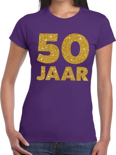 50 jaar verjaardag t-shirt - paars - voor dames - gouden glitter print - jubileum XS