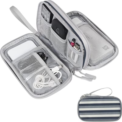 Kabeltas, kabelorganizer tas, kabeltas organizer, kabelorganizer tas klein voor elektronische accessoires, USB-powerbank, oplaadkabel, 7,5 x 4,3 x 2,2 inch, blauwe strepen