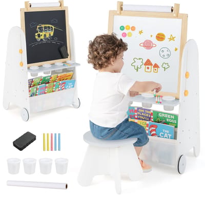 Kinderkunst-Ezel met Kruk 4-In-1 Activiteitentafel met Magnetisch Bord Krijtbord Boekenplanken Papierrol voor Kinderen 3+