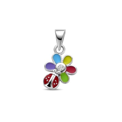 Zilveren gerhodineerde hanger zirkonia bloem en lieveheersbeestje 16 mm - 1341900