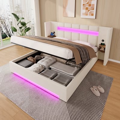 MODFU Bedframe Met Breed Hoofdbord, USB, Opbergkasten, LED En Hydraulische Opbergruimte - Fluweel - Beige - 160 x 200 cm