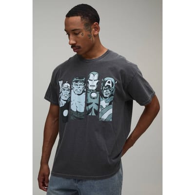 Oversized Gewassen Avengers Print T-shirt | Washed Charcoal | Size Medium