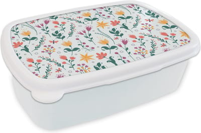 Broodtrommel Wit - Lunchbox - Brooddoos - Patronen - Bloemen - Bladeren - 18x12x6 cm - Volwassenen