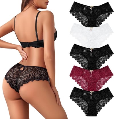 Lace Thong Ondergoed voor Dames, Set van 5 Zachte en Ademende Slipjes voor Comfort en Stijl