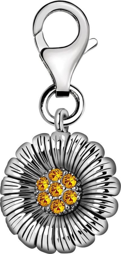 Quiges – Charm – Hanger - Bloem met Zirkonia Oranje - Verzilverd - karabijnslot - geschikt - voor - Bedelarmband - QHC154