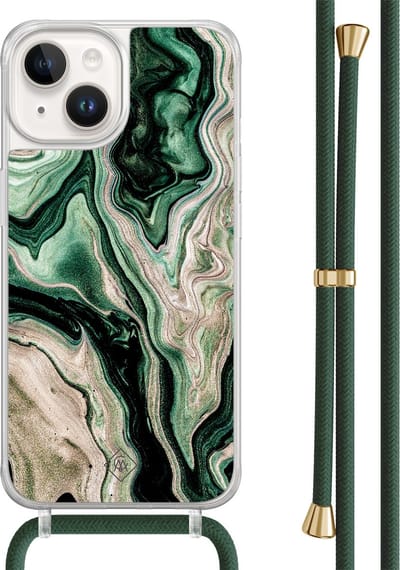 Casimoda® hoesje met groen koord - Geschikt voor iPhone 14 - Groen marmer / Marble - Afneembaar koord - TPU/acryl - Groen