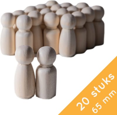 Homium Peg dolls 20 stuks man/vrouw - 65mm - Blanco houten poppetjes - pionnen - familieopstelling