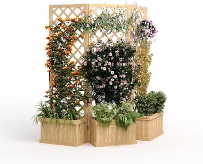 Cederhouten Privacyscherm met Plantenbak - 3 Panelen Opvouwbaar - 158 x 25 x 165 cm - Houten Klimplantenrek Trellis & Roomdivider voor Balkon, Terras en Tuin