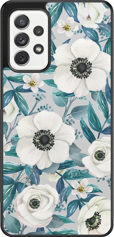Leuke Telefoonhoesjes - Hoesje geschikt voor Samsung Galaxy A52 5G - Witte bloemen - Backcover zwart - Bloemen - Blauw