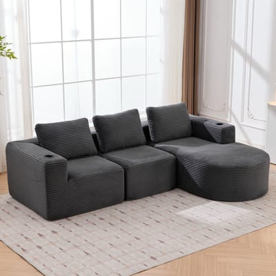 MODENUIT Zitbank 265 cm - 3 Kussens En 2 Bekerhouders - Voor Woonkamer En Kantoor - Polyester Donkergrijs