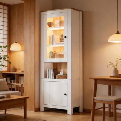 Vitrinekast - 70 x 40 x 188 cm - 2 Deuren en 6 Verstelbare Planken met LED - Hout en Glas - Wit/Naturel