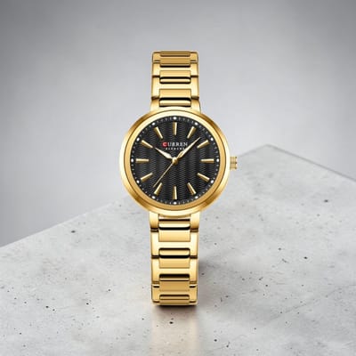 CURREN 9109 Dameshorloge Goudkleurig Met Zwarte Wijzerplaat – Quartz Polshorloge met RVS Band, Lume Wijzers, Golfpatroon en 3ATM Waterbestendig – 5 Kleurvarianten – 32mm Dial