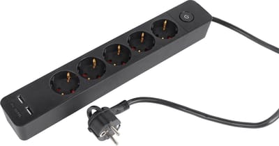 Q-Link stekkerdoos 5-voudig - Randaarde - Met schakelaar - 2 x USB - Platte stekker - 3 x 1.5 mm² - Kabel 1.5 m - Zwart