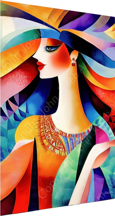John Joseb Art (Glas) 90x60 | Vrouw met lang haar, Picasso / Salvador Dali stijl, kleurrijk, felle kleuren, abstract, kunst, portret, bruin, groen, geel, blauw, rood, modern | Foto-schilderij-glasschilderij-acrylglas-acrylaat-wanddecoratie