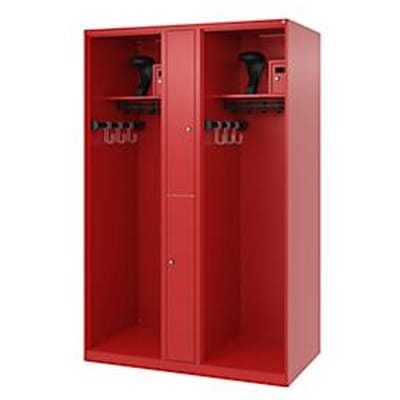 Brandweerkluis C+P Evolo Maxi, 4 vakken voor 2 personen, met helmhouder, vloerglijders, B 1200 x D 500 x H 1850 mm, RAL 3000 vuurrood