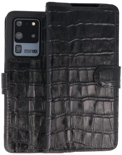 BAOHU Krokodil Handmade Leer Telefoonhoesje - Wallet Case - Portemonnee Hoesje - Geschikt voor Samsung Galaxy S20 Ultra - Zwart
