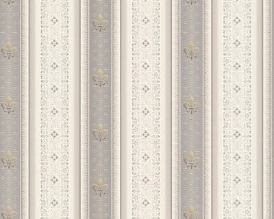 FRANSE LELIE MET KLASSIEKE STREEP BEHANG - Creme Grijs - AS Creation Hermitage 10