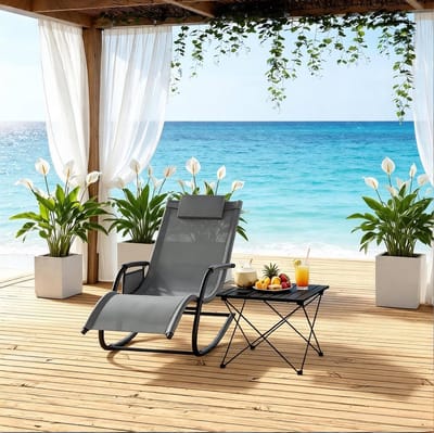 Chaise Longue - Schommelende Ligstoel Met Zijvak En Hoofdsteun - Voor Balkon, Tuin En Terras - Metaal En Polyester - Grijs