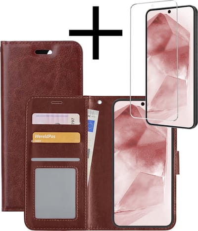 Hoesje - Met Screenprotector - Geschikt voor Samsung Galaxy A55 - Luxe Pasjeshouder - Bookcase Portemonee - Flip Case - Kunstleer Book Case - Flipcase - Book Cover - Walletcase - Portemonneehoes - Bruin