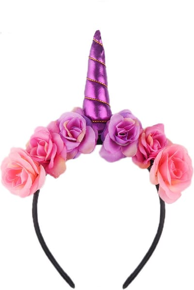 KIMU® Bloemen Eenhoorn Haarband Paars - Unicorn Diadeem Paarse Hoorn Glitter - Bloemetjes Roze Paars Festival
