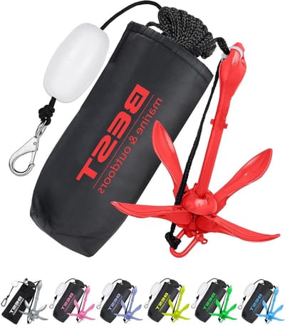 Opvouwbaar Boot Anker - Kayak Anker Kajak - Water Sport Ankeren - Roestvrij Gegalvaniseerd Ijzer - 1.6kg 40ft Touw - Rood