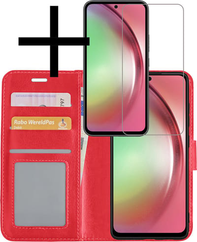 Hoesje - Met Screenprotector - Geschikt voor Samsung Galaxy A54 - Luxe Pasjeshouder - Bookcase Portemonee - Flip Case - Kunstleer Book Case - Flipcase - Book Cover - Walletcase - Portemonneehoes - Rood