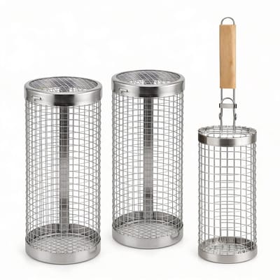 Oneproduct BBQ Grillmand Set - 3 Grillmanden - Inclusief Houten Handvat, Draaihaken & Grillvorkjes - BBQ Accessoires
