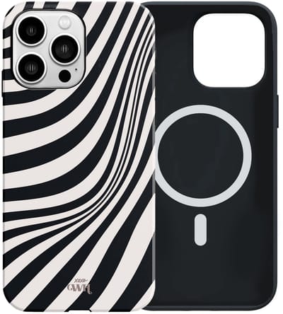 xoxo Wildhearts siliconen hoesje geschikt voor iPhone 13 Pro MagSafe hoesje - Optical Illusion - Double Layer - Magnetisch telefoonhoesje - Magneet case - Backcover met dubbele bescherming - Golvenprint - Golvend patroon - golven - Zwart / Beige