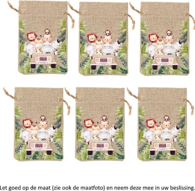 6x Uitdeelzakjes Jungle Dieren Design 10 x 15 cm - Leeuw - Tijger - Olifant - Nijlpaard - Zebra - Aap - Giraffe - Stegosaurus - Katoenen / Jute / Stoffen Traktatie Kado Zakjes - Snoepzakjes - Koekzakjes - Koekje - Cookie Bags - Verjaardag