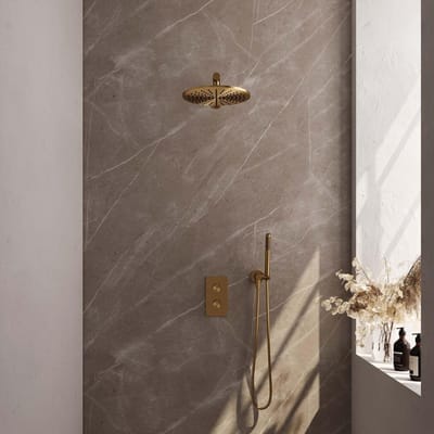 Brauer Gold Carving Thermostatische Regendoucheset Inbouw - Hoofddouche 30 cm - Rechte Wandarm - 3 Weg - Handdouche Staaf - Doucheslang - Wandaansluitbocht - Geborsteld Goud