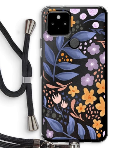 Case Company® - Hoesje met koord geschikt voor Google Pixel 5 hoesje met Koord - Flowers with blue leaves - Telefoonhoesje met Zwart Koord - Bescherming aan alle Kanten en Over de Schermrand