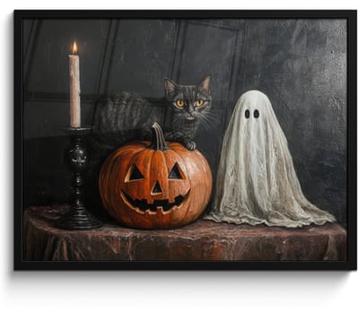 Poster in lijst - Fotolijst 70x50 cm - Posters - Halloween - Pompoen - Spook - Zwarte kat - Stilleven - Posterlijst zwart - Decoratie - Wanddecoratie woonkamer - Muurdecoratie slaapkamer