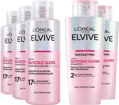 L'Oréal Elvive Glycolic Gloss - Shampoo 3 x 200 ml & Conditioner 2 x 200 ml - Pakket