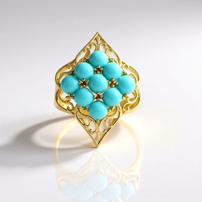 Cavill - Vergulde 925 Sterling Zilveren Ring met 9 Sleeping Beauty Turkooisen 3,24 ct - Geometrisch Filigraan Design - Statement Dames Ring