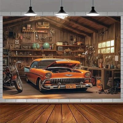 Klassiek Garage Werkplaats Wandkleed: Toevluchtsoord voor AutoliefhebbersMuurdecoratie achtergronddoek, slaapkamer kamer huisdecoratie 100x75cm brown