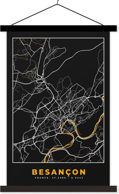 Posterhanger incl. Poster 40x60 cm - Schoolplaat - Plattegrond – Kaart – Besançon - Frankrijk – Stadskaart - Textielposter - Zwarte latten - Stadskaart