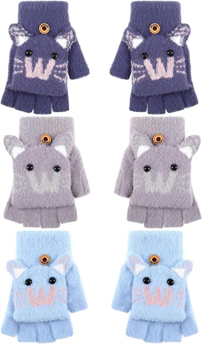 3 Paar Kinderen Handschoenen met Flipdeksel, Vingerloze Winterhandschoenen, Warm Gebreid voor Jongens en Meisjes van 5-10 Jaar (Paars, Luchtblauw)