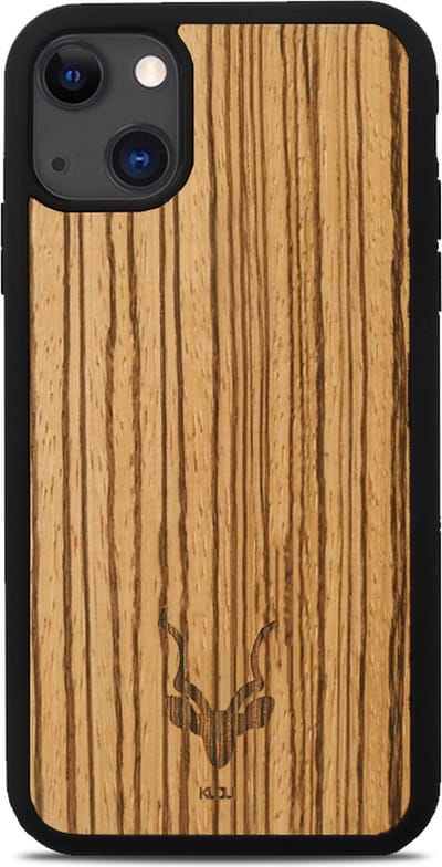 Kudu iPhone 13 MINI hoesje case - Houten backcover - Handgemaakt en afgewerkt met duurzaam TPU - Zebrano - Zwart
